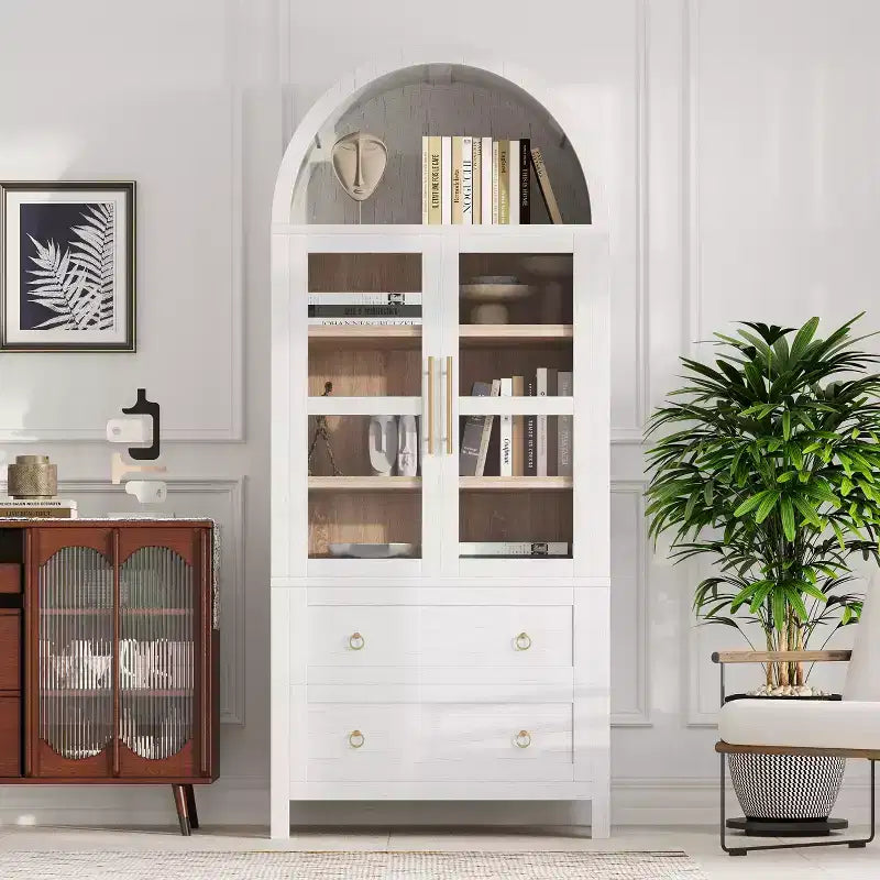 GDFStudio Dale 71 Modern Arched Kitchen Storage Cabinets with Drawes, Adjustable Shelves and Glass Door