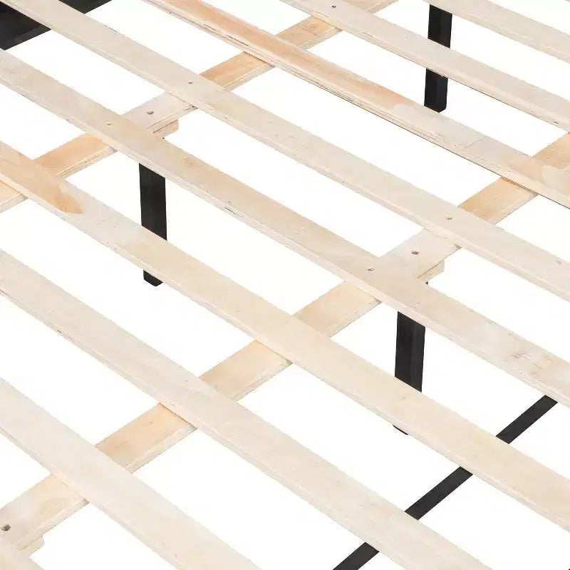Queen/King Bed Frame, Solid Wood Platform Bed, Upholstered Headboard with Metal Handles, No Box Spring Needed - ModernLuxe