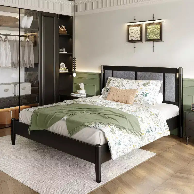 Queen/King Bed Frame, Solid Wood Platform Bed, Upholstered Headboard with Metal Handles, No Box Spring Needed - ModernLuxe