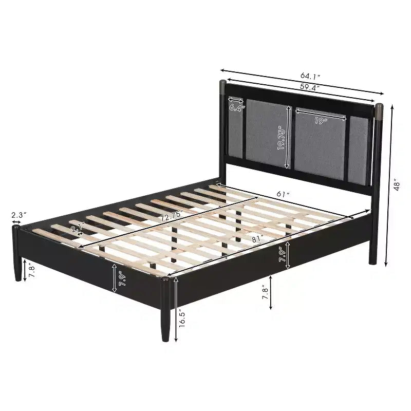 Queen/King Bed Frame, Solid Wood Platform Bed, Upholstered Headboard with Metal Handles, No Box Spring Needed - ModernLuxe