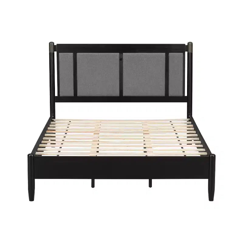 Queen/King Bed Frame, Solid Wood Platform Bed, Upholstered Headboard with Metal Handles, No Box Spring Needed - ModernLuxe