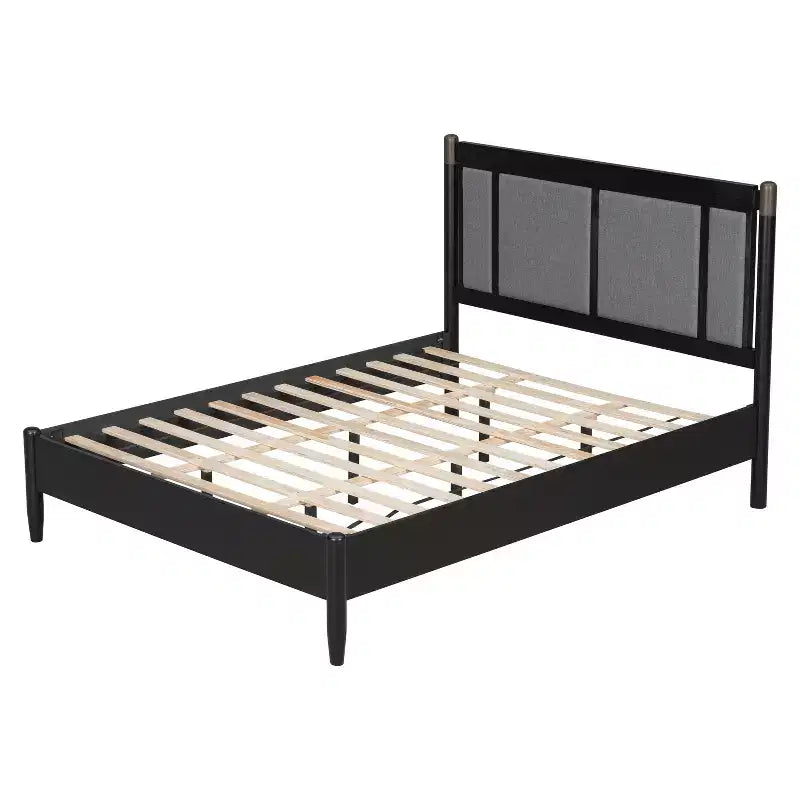 Queen/King Bed Frame, Solid Wood Platform Bed, Upholstered Headboard with Metal Handles, No Box Spring Needed - ModernLuxe