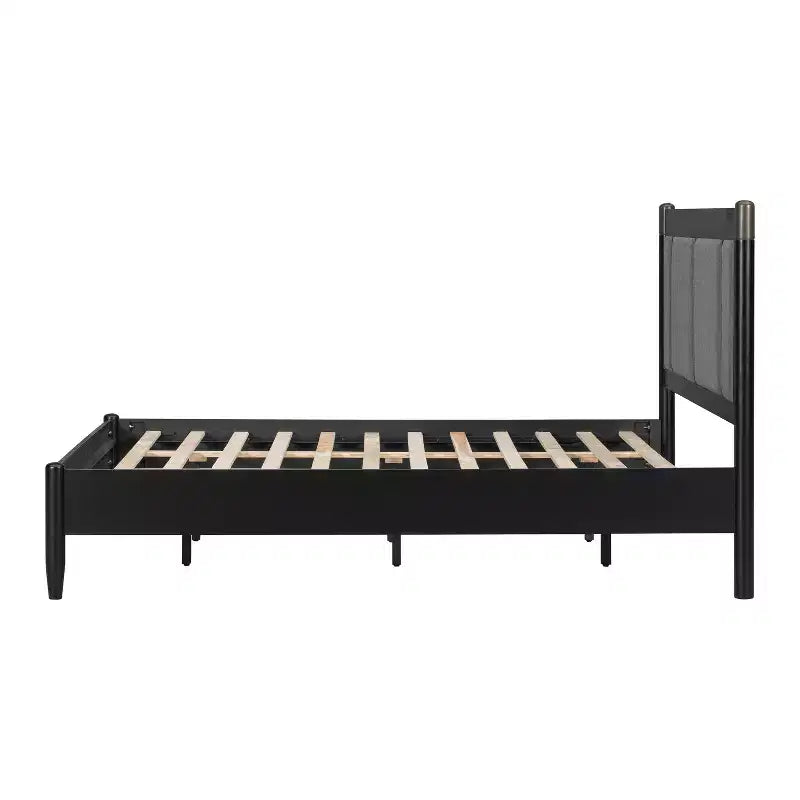 Queen/King Bed Frame, Solid Wood Platform Bed, Upholstered Headboard with Metal Handles, No Box Spring Needed - ModernLuxe