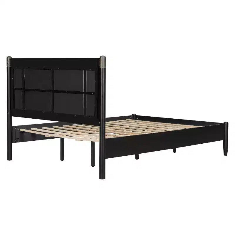 Queen/King Bed Frame, Solid Wood Platform Bed, Upholstered Headboard with Metal Handles, No Box Spring Needed - ModernLuxe