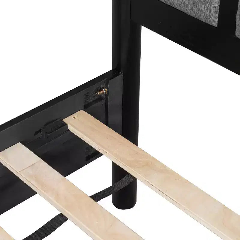 Queen/King Bed Frame, Solid Wood Platform Bed, Upholstered Headboard with Metal Handles, No Box Spring Needed - ModernLuxe