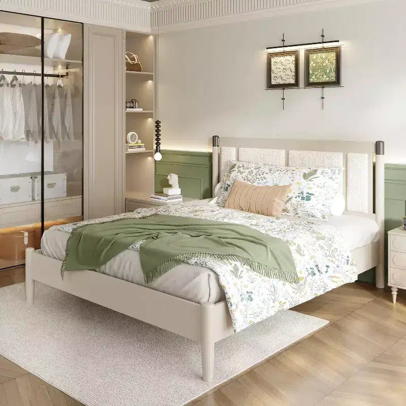 Queen/King Bed Frame, Solid Wood Platform Bed, Upholstered Headboard with Metal Handles, No Box Spring Needed - ModernLuxe