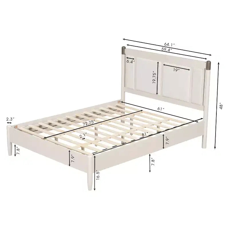 Queen/King Bed Frame, Solid Wood Platform Bed, Upholstered Headboard with Metal Handles, No Box Spring Needed - ModernLuxe