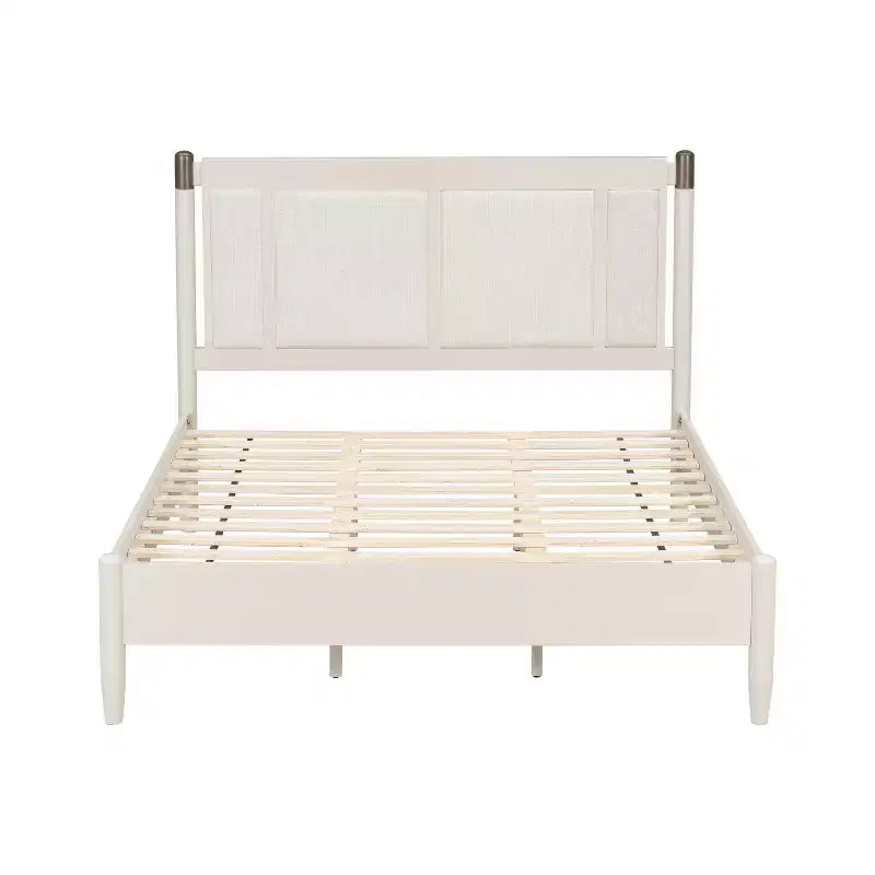 Queen/King Bed Frame, Solid Wood Platform Bed, Upholstered Headboard with Metal Handles, No Box Spring Needed - ModernLuxe