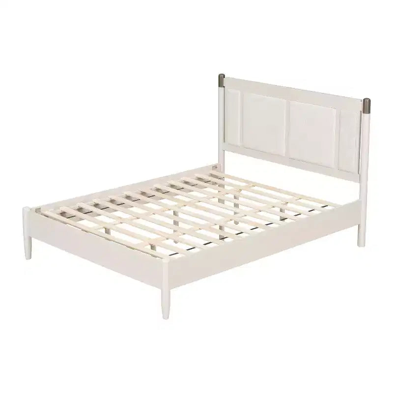 Queen/King Bed Frame, Solid Wood Platform Bed, Upholstered Headboard with Metal Handles, No Box Spring Needed - ModernLuxe