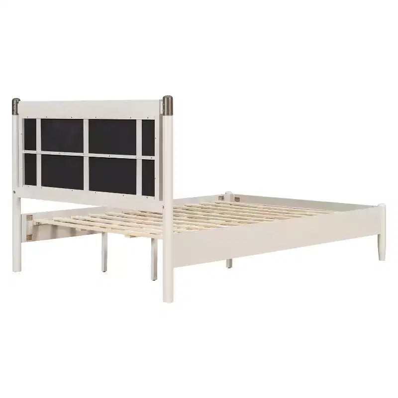 Queen/King Bed Frame, Solid Wood Platform Bed, Upholstered Headboard with Metal Handles, No Box Spring Needed - ModernLuxe