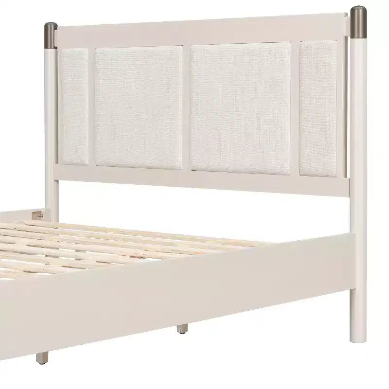 Queen/King Bed Frame, Solid Wood Platform Bed, Upholstered Headboard with Metal Handles, No Box Spring Needed - ModernLuxe