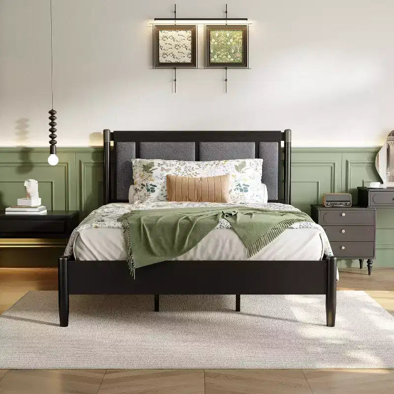 Queen/King Bed Frame, Solid Wood Platform Bed, Upholstered Headboard with Metal Handles, No Box Spring Needed - ModernLuxe