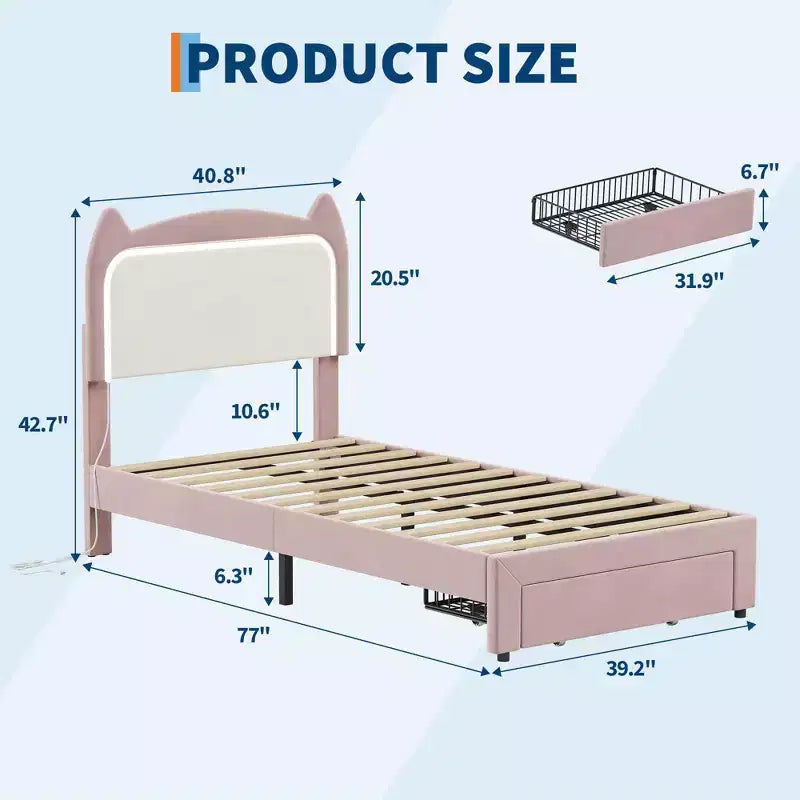 Upholstered LED Bed Frame with Storage Drawer & Cute Cat Headboard, Velvet Princess Platform Bed Frame with Sturdy Wood Slats Support