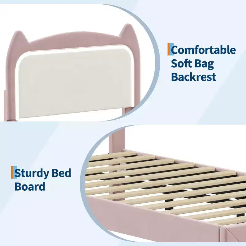 Upholstered LED Bed Frame with Storage Drawer & Cute Cat Headboard, Velvet Princess Platform Bed Frame with Sturdy Wood Slats Support