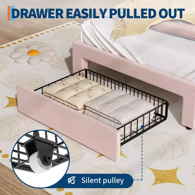 Upholstered LED Bed Frame with Storage Drawer & Cute Cat Headboard, Velvet Princess Platform Bed Frame with Sturdy Wood Slats Support