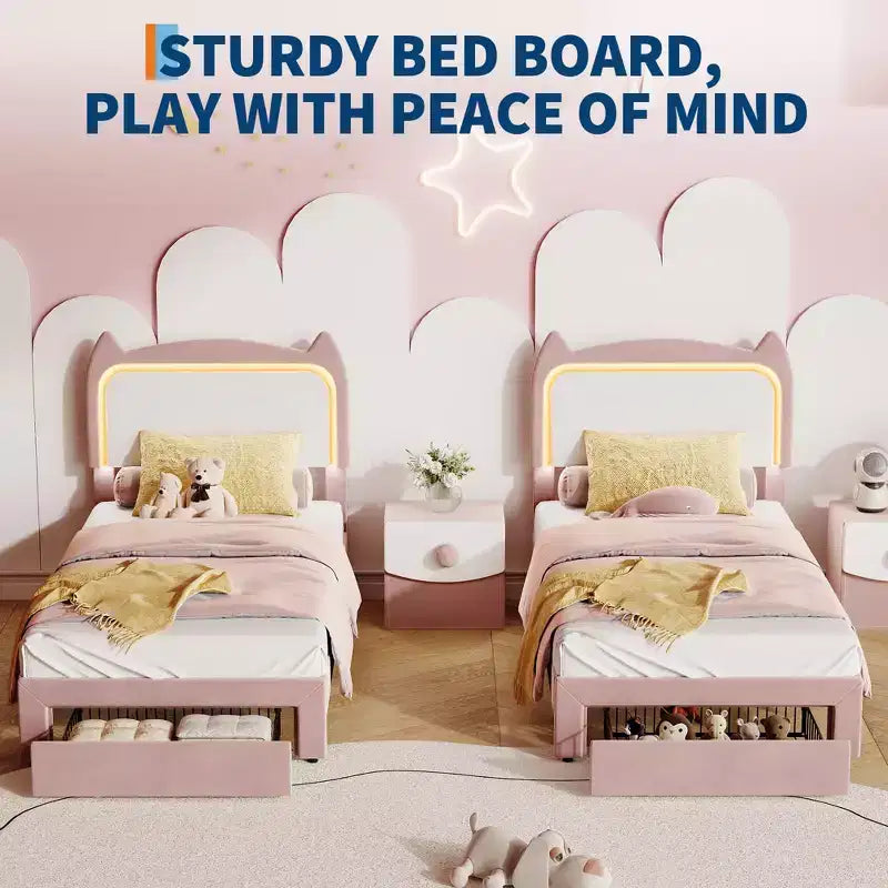Upholstered LED Bed Frame with Storage Drawer & Cute Cat Headboard, Velvet Princess Platform Bed Frame with Sturdy Wood Slats Support