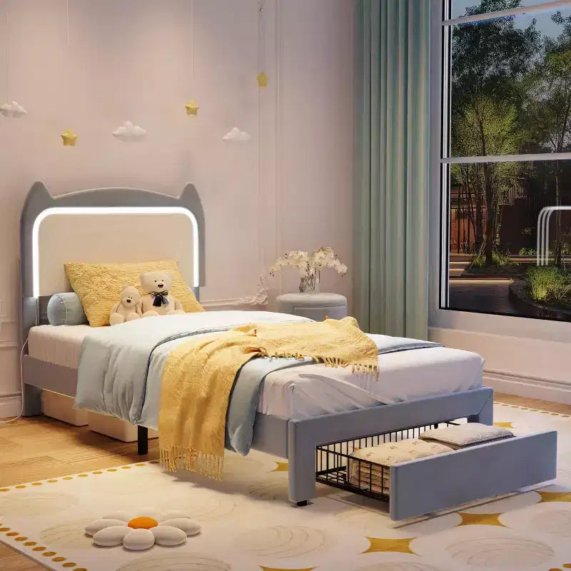 Upholstered LED Bed Frame with Storage Drawer & Cute Cat Headboard, Velvet Princess Platform Bed Frame with Sturdy Wood Slats Support