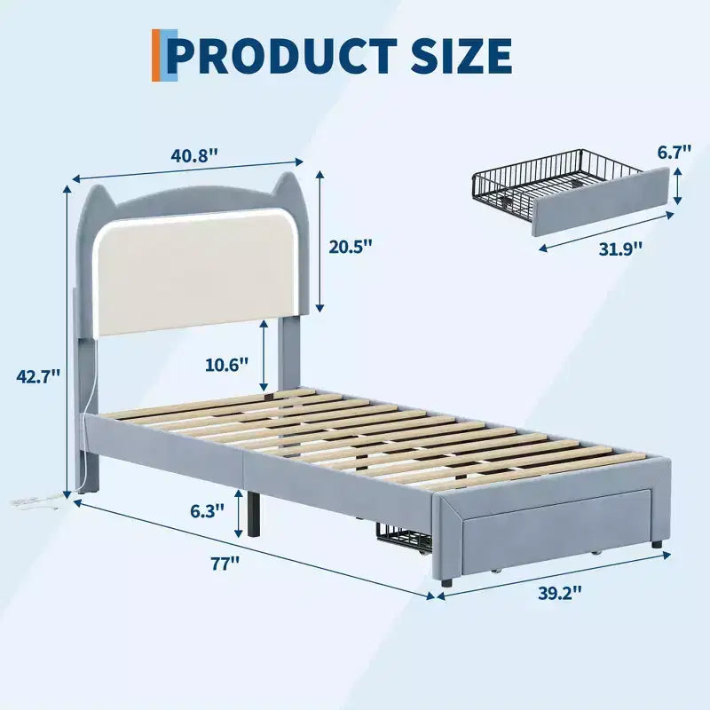 Upholstered LED Bed Frame with Storage Drawer & Cute Cat Headboard, Velvet Princess Platform Bed Frame with Sturdy Wood Slats Support