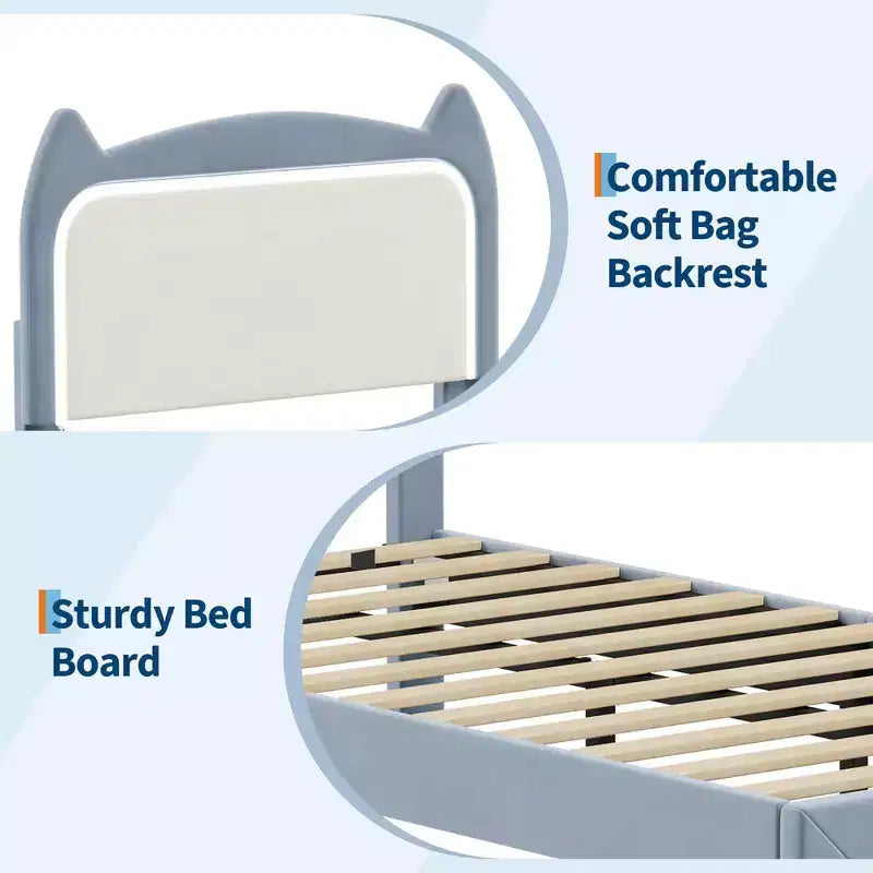 Upholstered LED Bed Frame with Storage Drawer & Cute Cat Headboard, Velvet Princess Platform Bed Frame with Sturdy Wood Slats Support