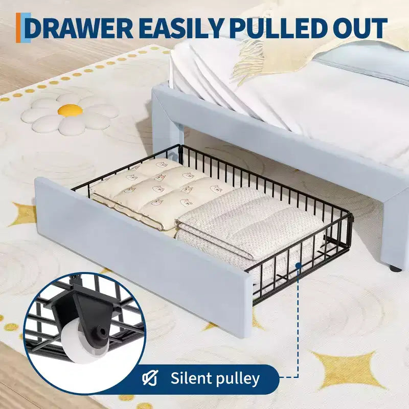 Upholstered LED Bed Frame with Storage Drawer & Cute Cat Headboard, Velvet Princess Platform Bed Frame with Sturdy Wood Slats Support