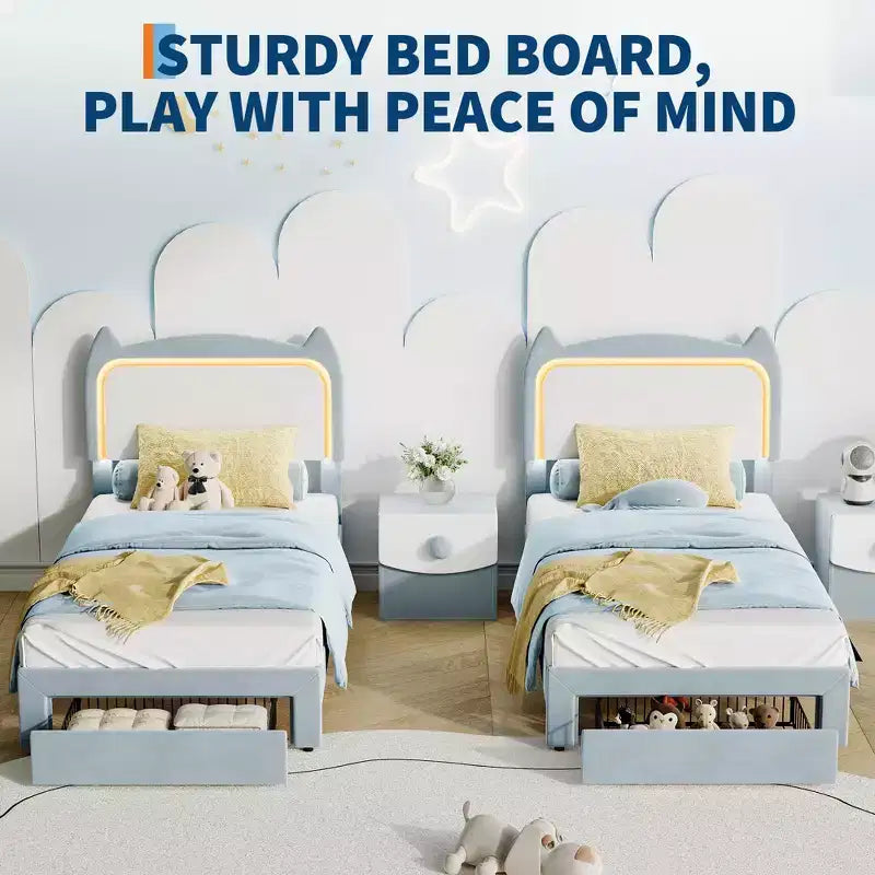 Upholstered LED Bed Frame with Storage Drawer & Cute Cat Headboard, Velvet Princess Platform Bed Frame with Sturdy Wood Slats Support