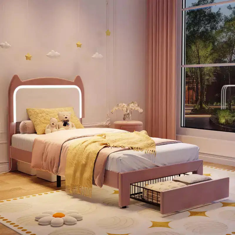 Upholstered LED Bed Frame with Storage Drawer & Cute Cat Headboard, Velvet Princess Platform Bed Frame with Sturdy Wood Slats Support