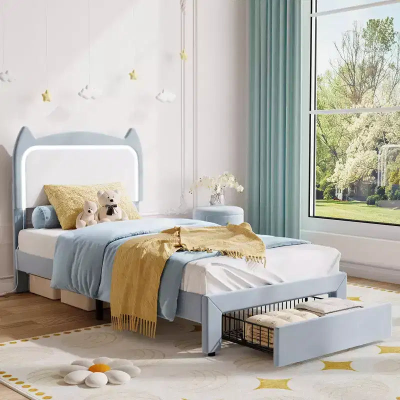Upholstered LED Bed Frame with Storage Drawer & Cute Cat Headboard, Velvet Princess Platform Bed Frame with Sturdy Wood Slats Support