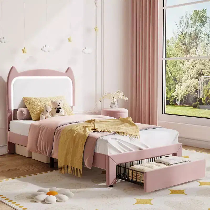 Upholstered LED Bed Frame with Storage Drawer & Cute Cat Headboard, Velvet Princess Platform Bed Frame with Sturdy Wood Slats Support