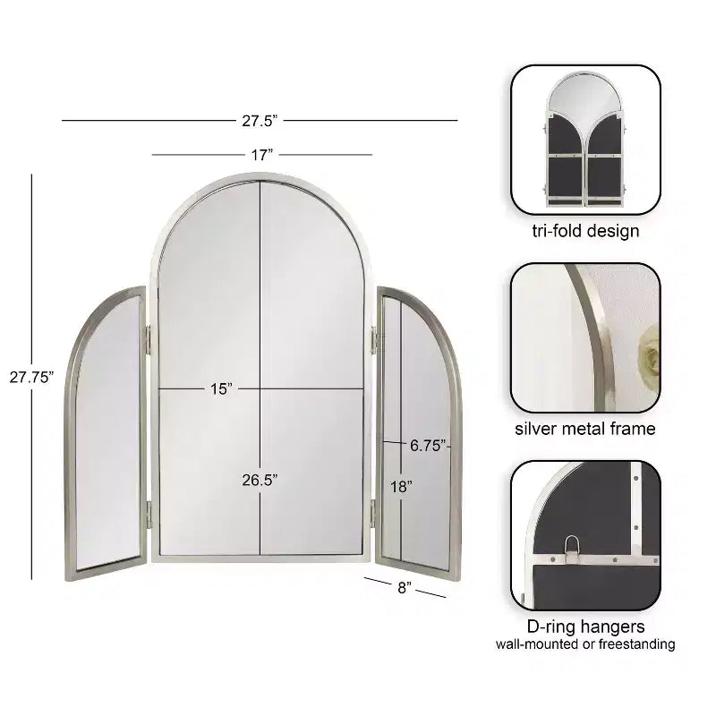 Kate and Laurel Amoli Tri-Fold Arch Metal Mirror, Silver, 28x28