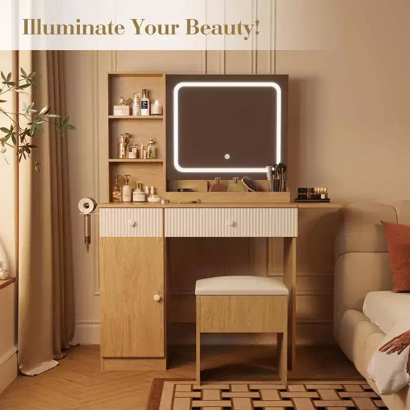 Vanity Desk with Mirror, Makeup Table Set with Drawers, Cabinet, Storage Stool Space-Saving Bedroom Dressing Table