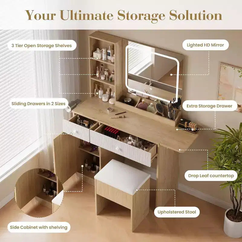 Vanity Desk with Mirror, Makeup Table Set with Drawers, Cabinet, Storage Stool Space-Saving Bedroom Dressing Table