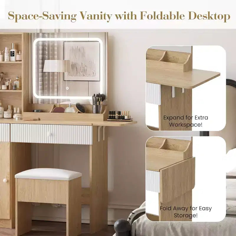 Vanity Desk with Mirror, Makeup Table Set with Drawers, Cabinet, Storage Stool Space-Saving Bedroom Dressing Table