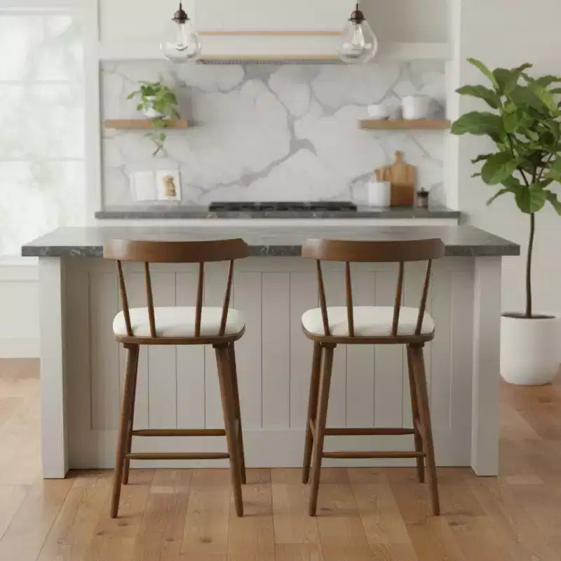 Set of 2 Wooden Counter Height Stools with Curved Backrest and Upholstered Fabric Seat, Counter Stool Chairs for Kitchen Island-Panipeachy