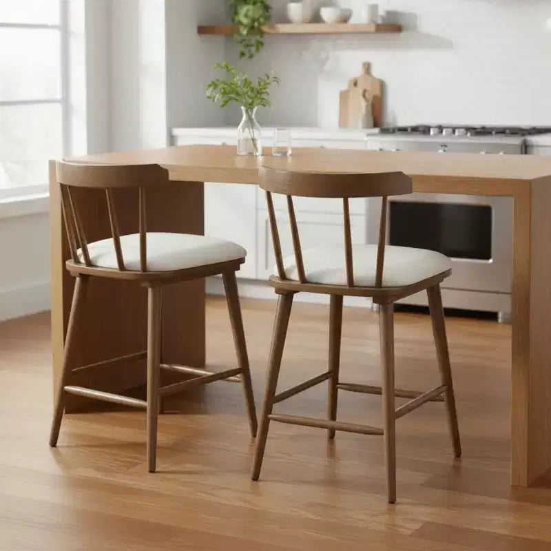 Set of 2 Wooden Counter Height Stools with Curved Backrest and Upholstered Fabric Seat, Counter Stool Chairs for Kitchen Island-Panipeachy