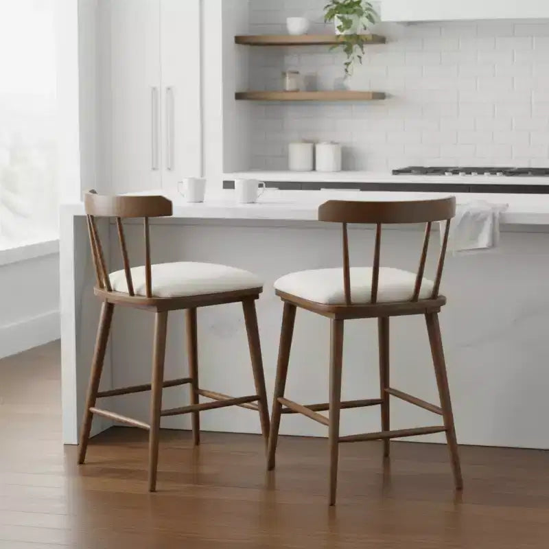 Set of 2 Wooden Counter Height Stools with Curved Backrest and Upholstered Fabric Seat, Counter Stool Chairs for Kitchen Island-Panipeachy