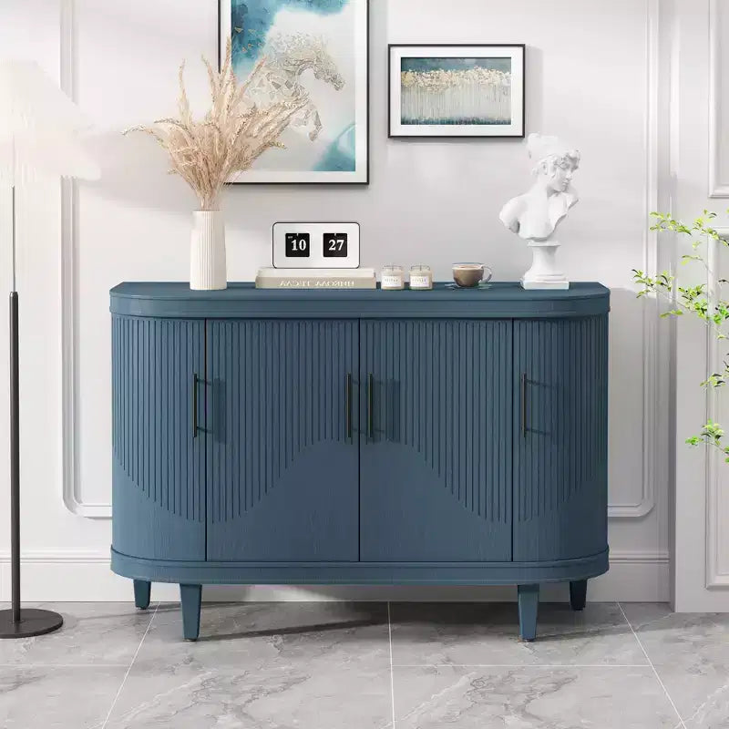 TUYOHW 47.2 Wooden Storage Cabinet Coffee Bar,Curved Sideboard with 4 Doors,Adjustable Shelves,Console Table for Living Room,Kitchen,Bedroom,Blue