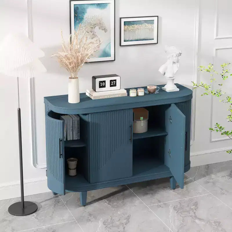 TUYOHW 47.2 Wooden Storage Cabinet Coffee Bar,Curved Sideboard with 4 Doors,Adjustable Shelves,Console Table for Living Room,Kitchen,Bedroom,Blue