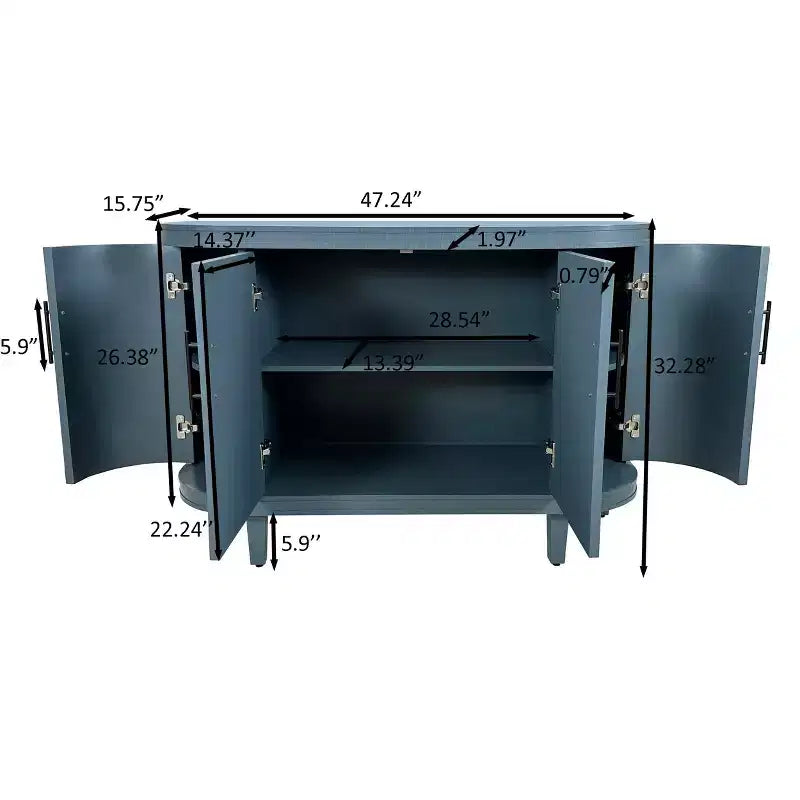 TUYOHW 47.2 Wooden Storage Cabinet Coffee Bar,Curved Sideboard with 4 Doors,Adjustable Shelves,Console Table for Living Room,Kitchen,Bedroom,Blue