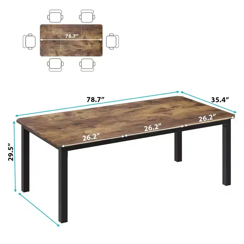 78.7 Industrial Dining Table for 6-8 People, Two-Tone Brown and Black Wood Table for Kitchen, Dining Room, or Conference Use