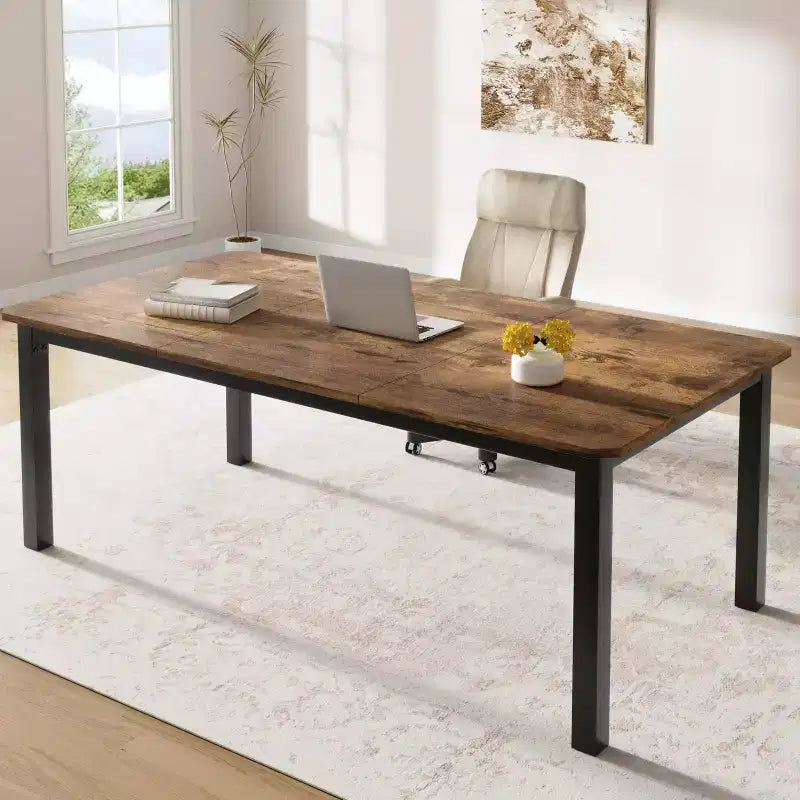 78.7 Industrial Dining Table for 6-8 People, Two-Tone Brown and Black Wood Table for Kitchen, Dining Room, or Conference Use
