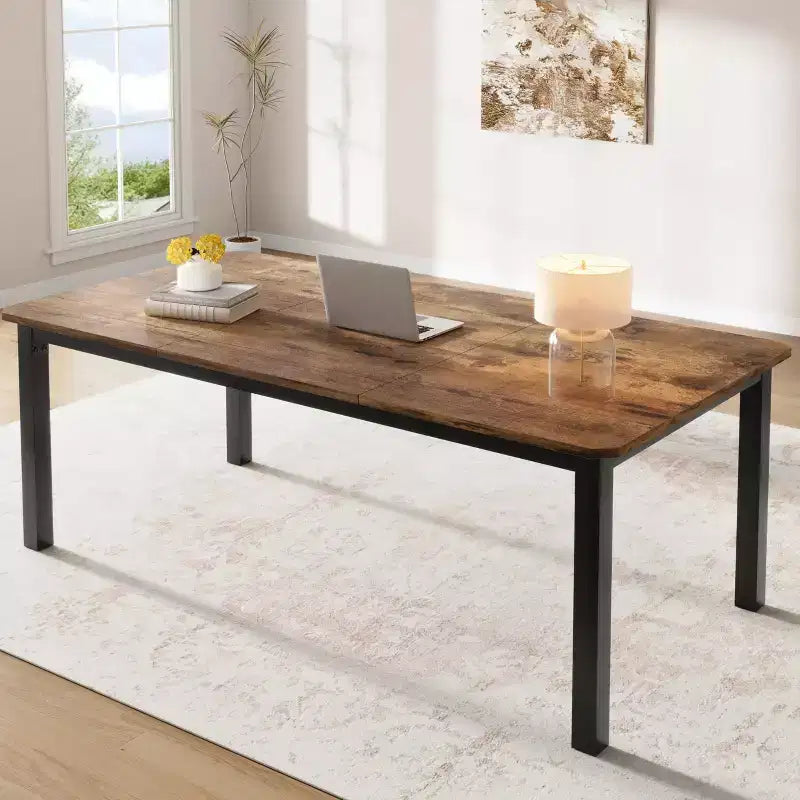 78.7 Industrial Dining Table for 6-8 People, Two-Tone Brown and Black Wood Table for Kitchen, Dining Room, or Conference Use