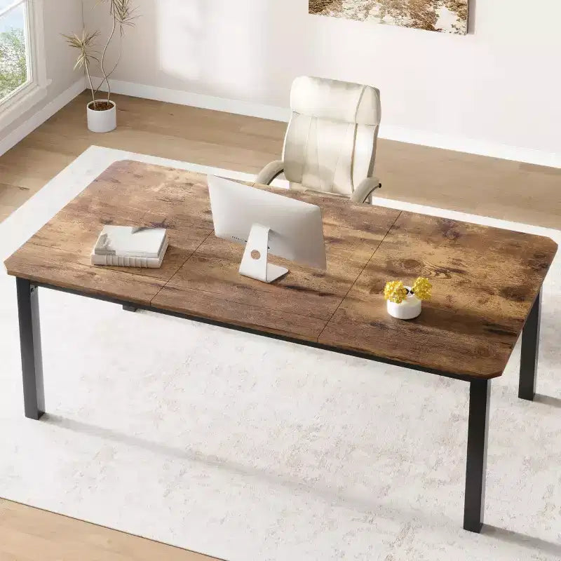 78.7 Industrial Dining Table for 6-8 People, Two-Tone Brown and Black Wood Table for Kitchen, Dining Room, or Conference Use