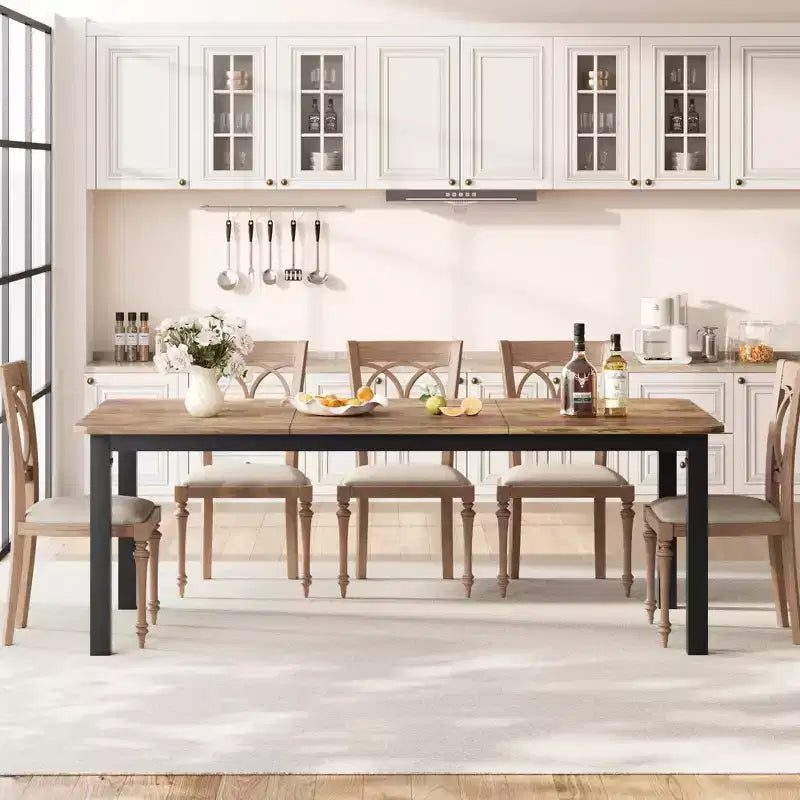 78.7 Industrial Dining Table for 6-8 People, Two-Tone Brown and Black Wood Table for Kitchen, Dining Room, or Conference Use
