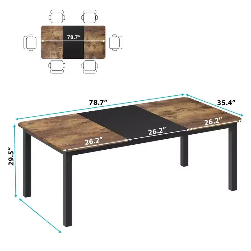 78.7 Industrial Dining Table for 6-8 People, Two-Tone Brown and Black Wood Table for Kitchen, Dining Room, or Conference Use
