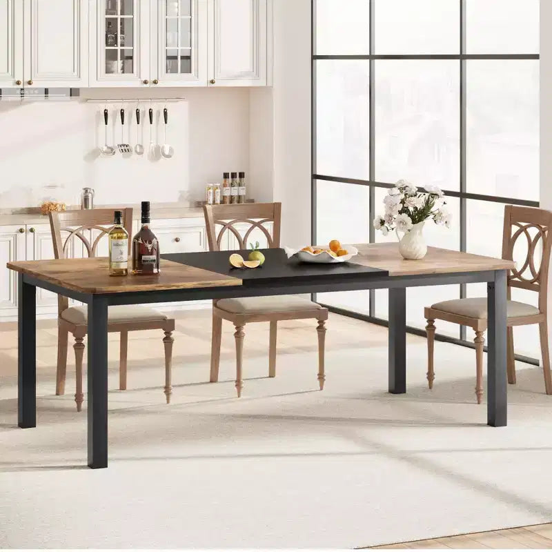 78.7 Industrial Dining Table for 6-8 People, Two-Tone Brown and Black Wood Table for Kitchen, Dining Room, or Conference Use