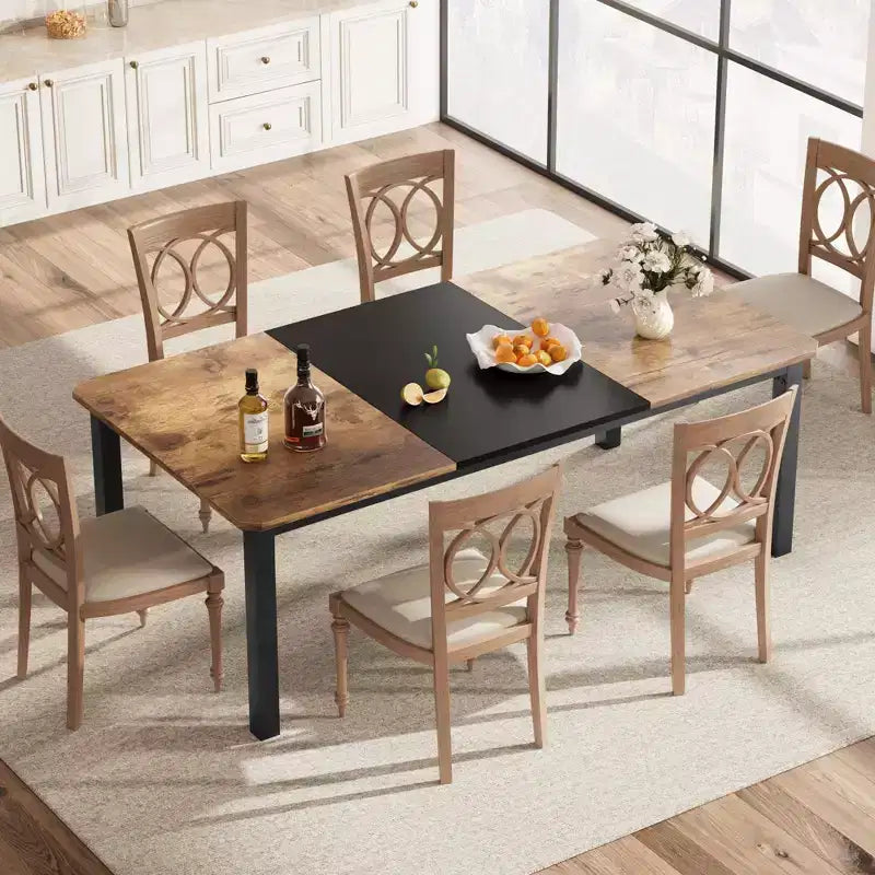 78.7 Industrial Dining Table for 6-8 People, Two-Tone Brown and Black Wood Table for Kitchen, Dining Room, or Conference Use