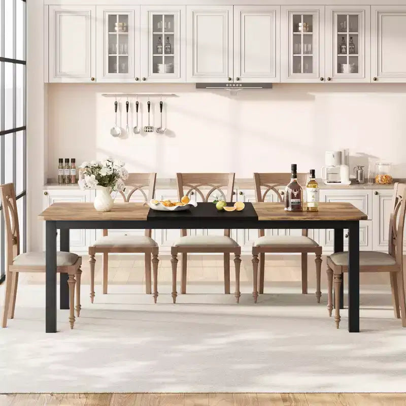 78.7 Industrial Dining Table for 6-8 People, Two-Tone Brown and Black Wood Table for Kitchen, Dining Room, or Conference Use