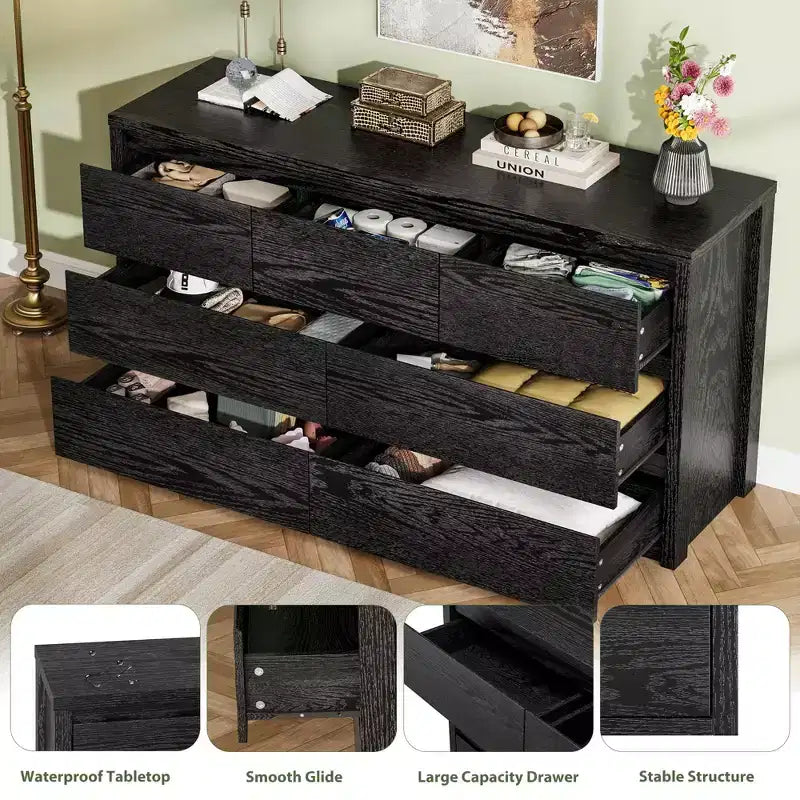 58 Wide 9-Drawer Dresser, Handle-Free Modern Wood Chest for Bedroom, Living Room, or Entryway Ample Storage, Minimalist Design