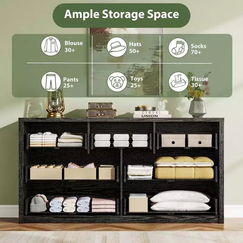 58 Wide 9-Drawer Dresser, Handle-Free Modern Wood Chest for Bedroom, Living Room, or Entryway Ample Storage, Minimalist Design