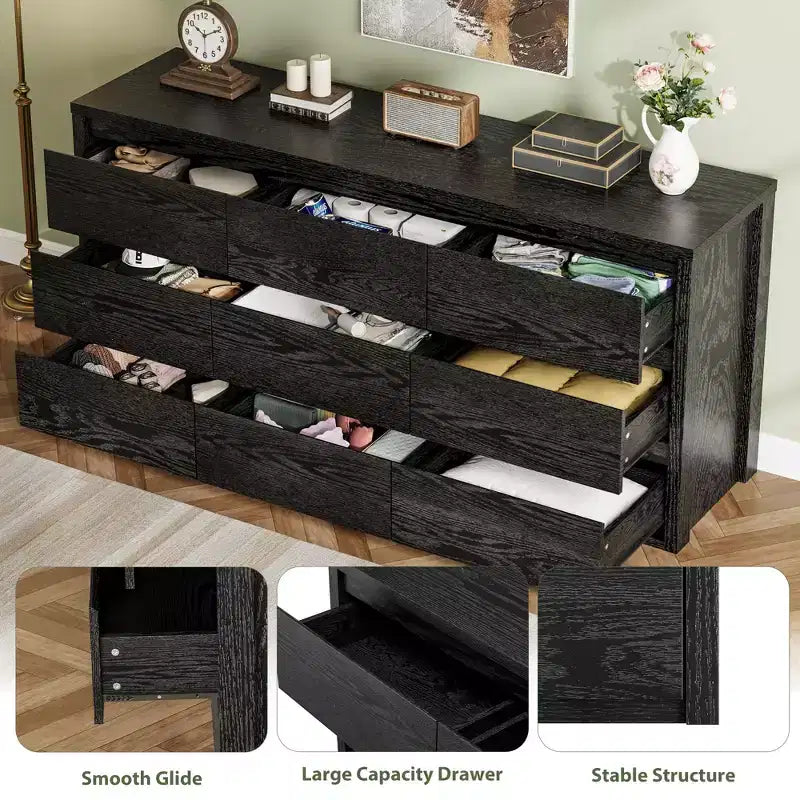 58 Wide 9-Drawer Dresser, Handle-Free Modern Wood Chest for Bedroom, Living Room, or Entryway Ample Storage, Minimalist Design